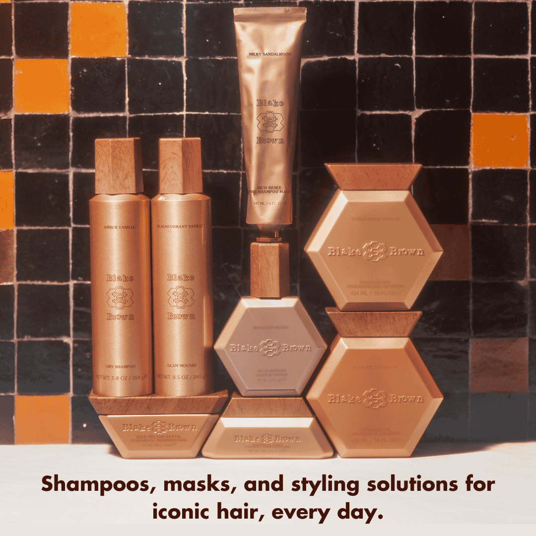 Full Blake Brown product collection, featuring hair and body care items with gold- and wood-accented packaging.