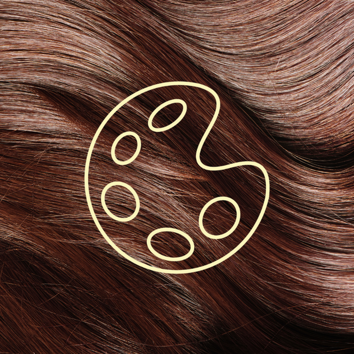 Close-up of rich, color-treated hair with a pale yellow artist palette icon overlay, symbolizing Blake Brown's color-safe haircare.