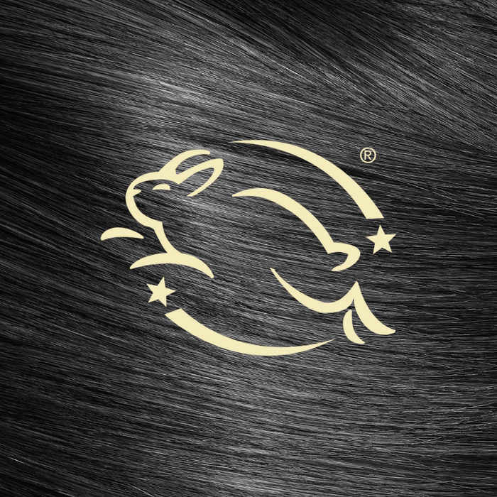 Pale yellow Leaping Bunny logo over a background of sleek, healthy black hair—signifying that Blake Brown haircare products are certified cruelty-free and never tested on animals.