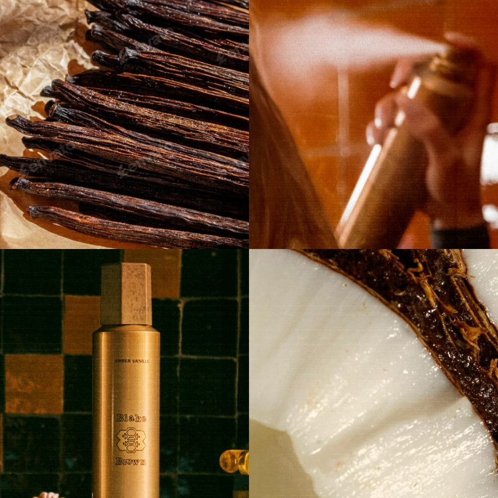Blake Brown Amber Vanille Dry Shampoo featured in a four-panel collage with vanilla beans, product spray, golden bottle, and creamy vanilla close-up.