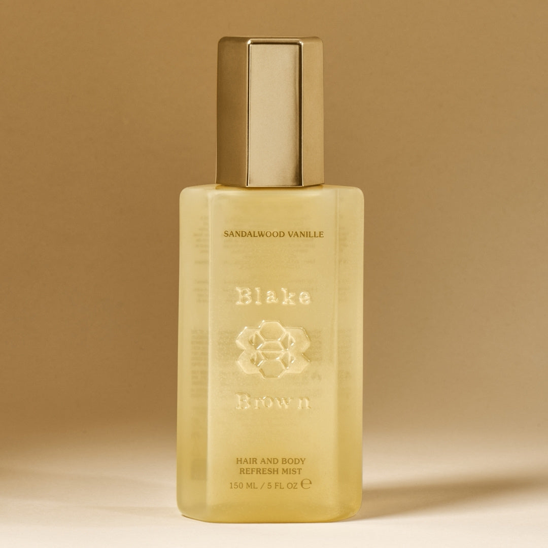 Blake Brown Sandalwood Vanille Hair and Body Refresh Mist against a neutral background.
