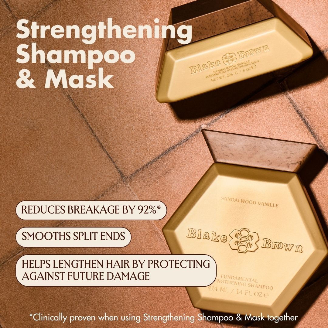 Blake Brown Strengthening Shampoo and Mask with text reading "Reduces breakage by 92%," "Smooths split ends," and "Helps lengthen hair."