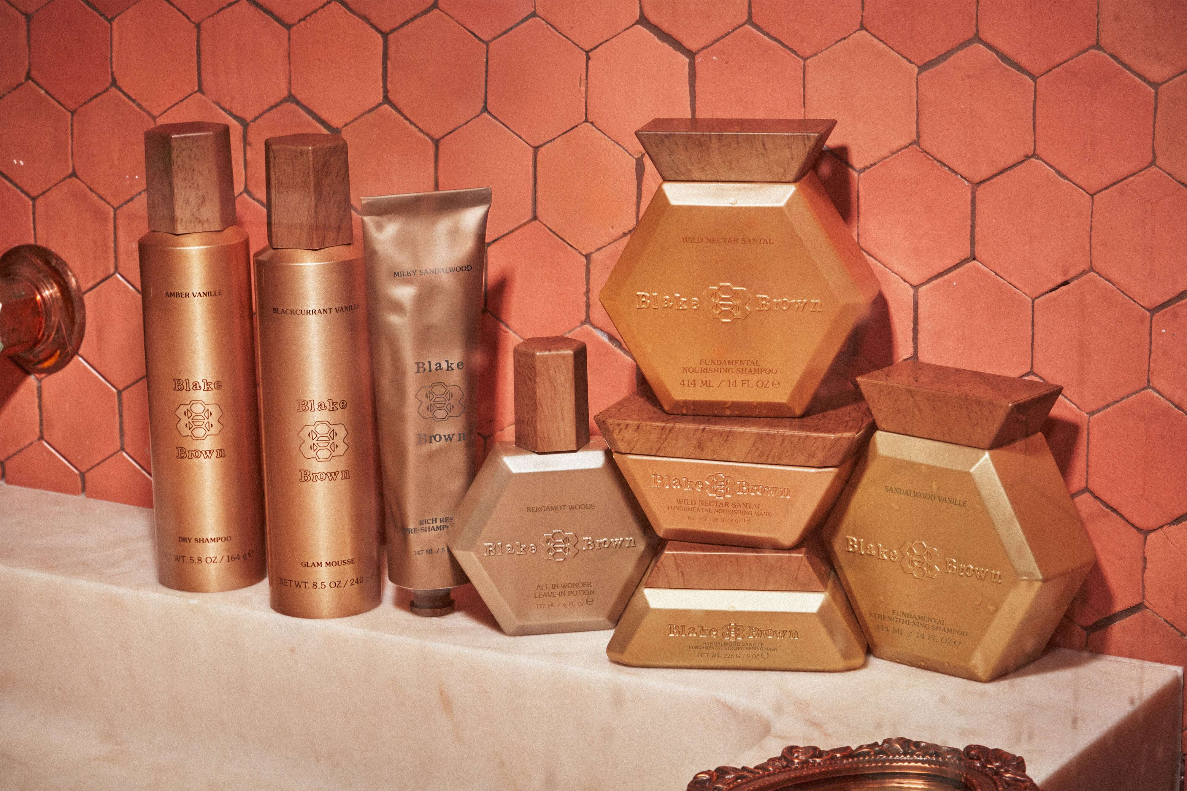 Blake Brown Beauty by Blake Lively, featuring Nourshing and Strengthening Shampoos and Hair Masks, a pre-shampoo hair mask, leave-in potion, dry shampoo, and flexible mousse.