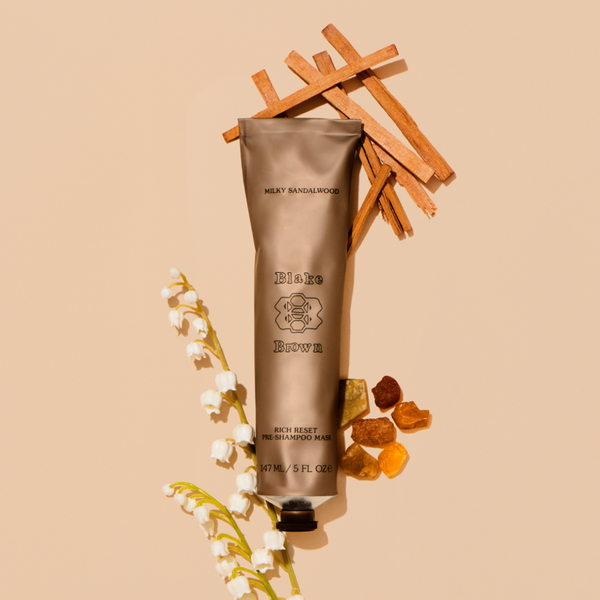 Blake Brown Rich Reset Pre-Shampoo Mask in Milky Sandalwood, styled with sandalwood, lily of the valley, and amber.