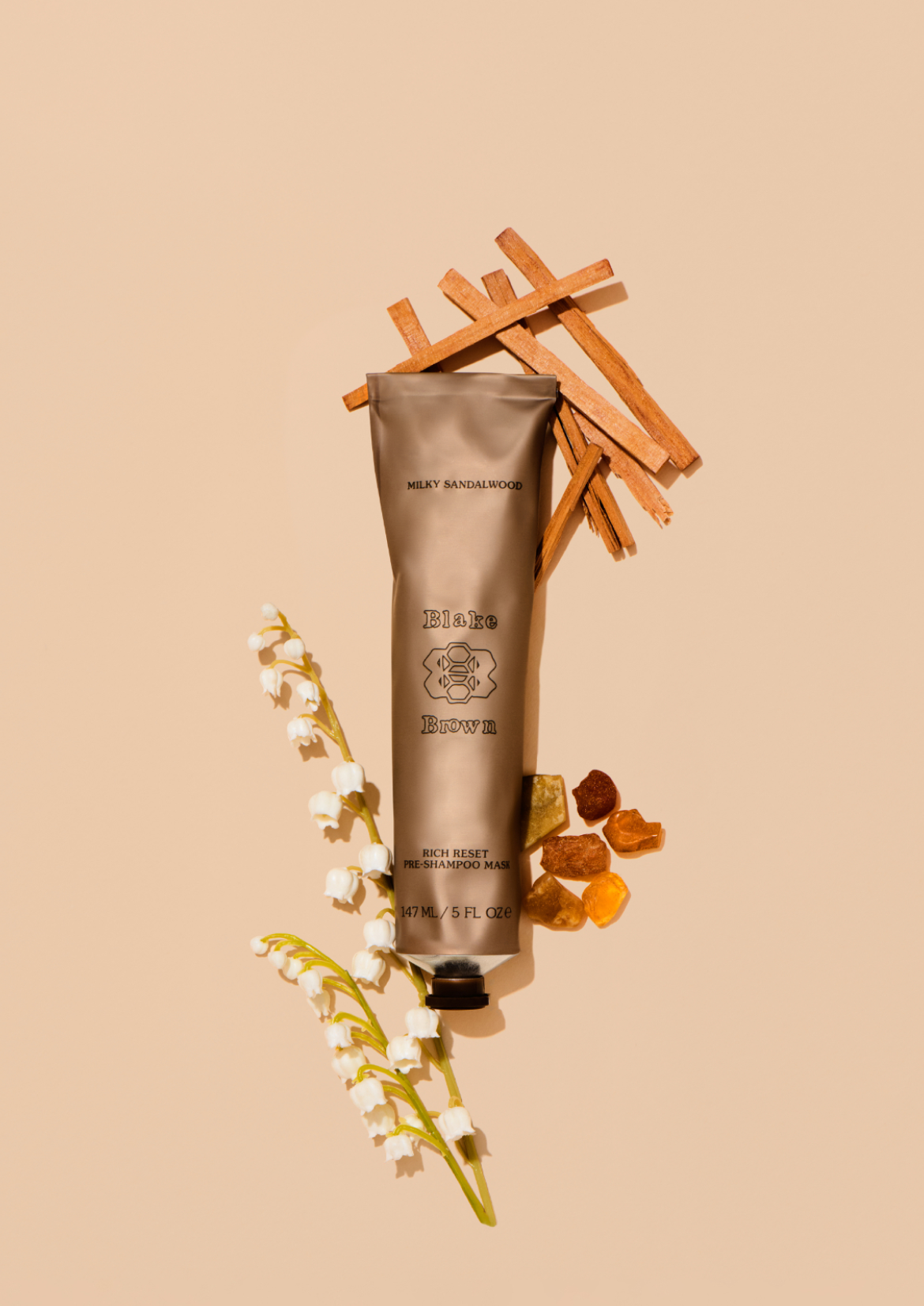 Blake Brown Rich Reset Pre-Shampoo Mask in Milky Sandalwood, styled with sandalwood, lily of the valley, and amber.