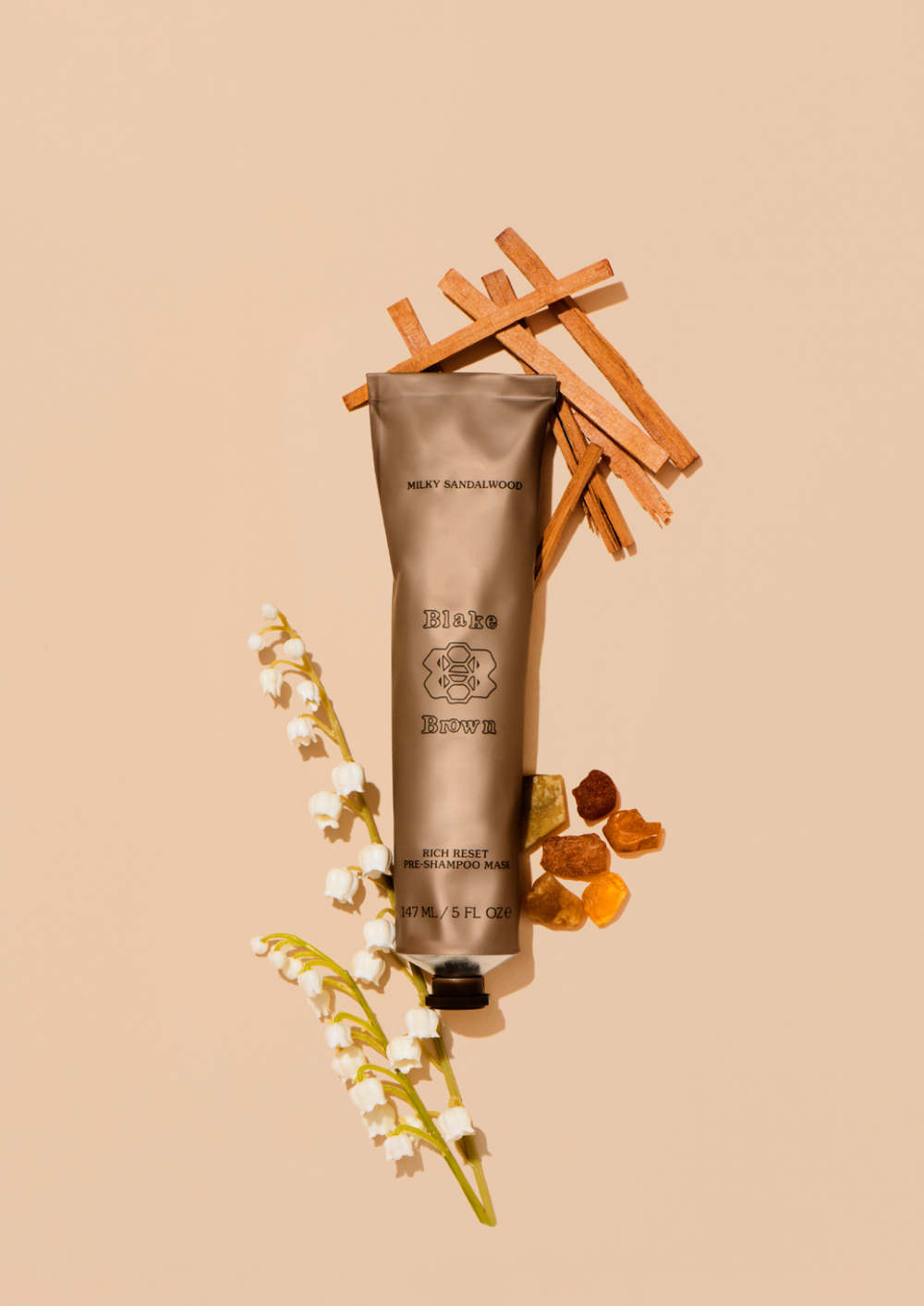 Blake Brown Rich Reset Pre-Shampoo Mask in Milky Sandalwood, styled with sandalwood, lily of the valley, and amber.