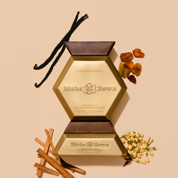 Blake Brown Strengthening Shampoo and Mask, styled with jasmine, sandalwood, amber, and vanilla.