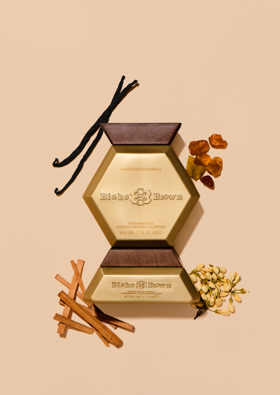 Blake Brown Strengthening Shampoo and Mask, styled with jasmine, sandalwood, amber, and vanilla.