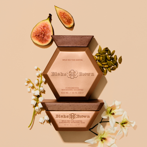 Blake Brown Nourishing Shampoo and Mask, styled with cardamom, fig, lily of the valley, and orange blossoms.