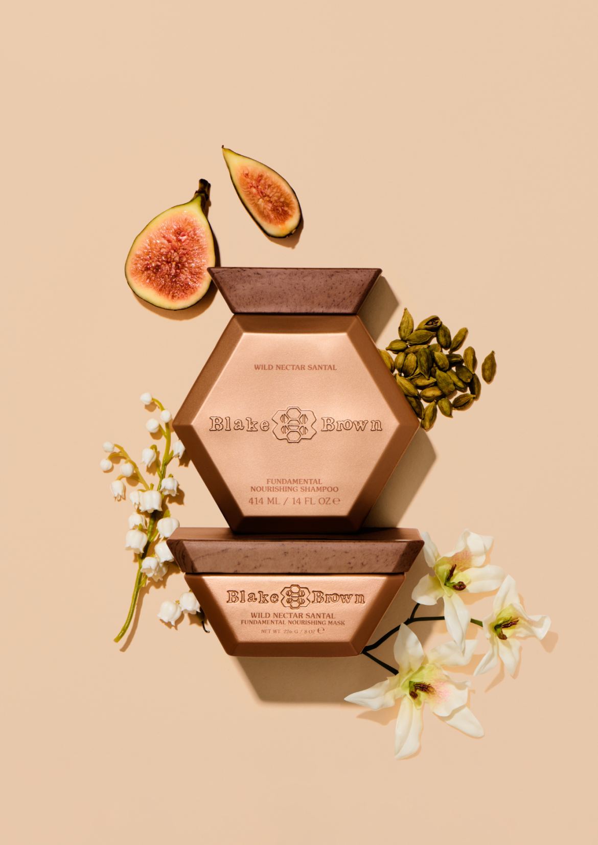 Blake Brown Nourishing Shampoo and Mask, styled with cardamom, fig, lily of the valley, and orange blossoms.