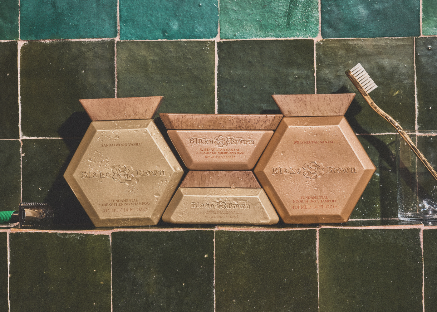 Blake Brown Beauty's assortment of wash and mask products. For best results, alternate between the Strengthening Shampoo & Mask and the Nourishing Shampoo & Mask.