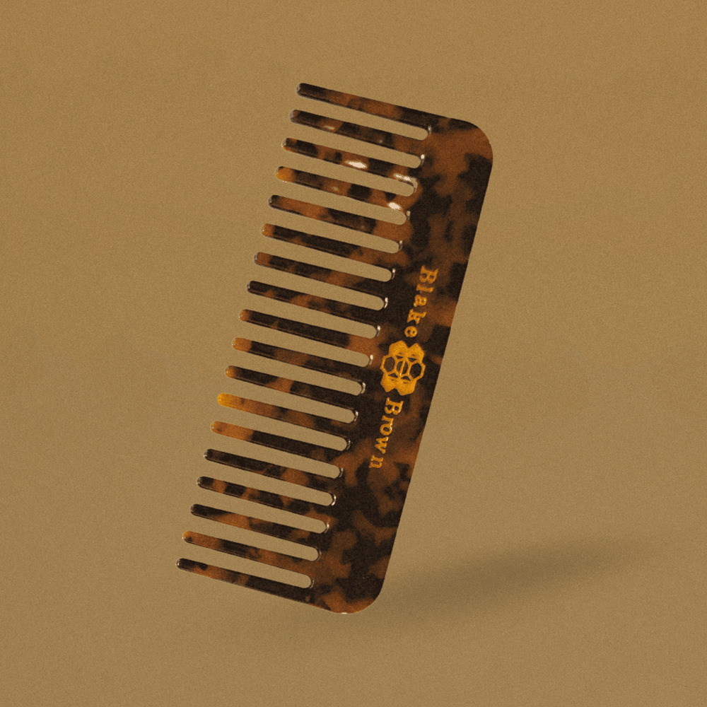 Blake Brown wide-tooth comb in tortoiseshell finish, featuring engraved logo.