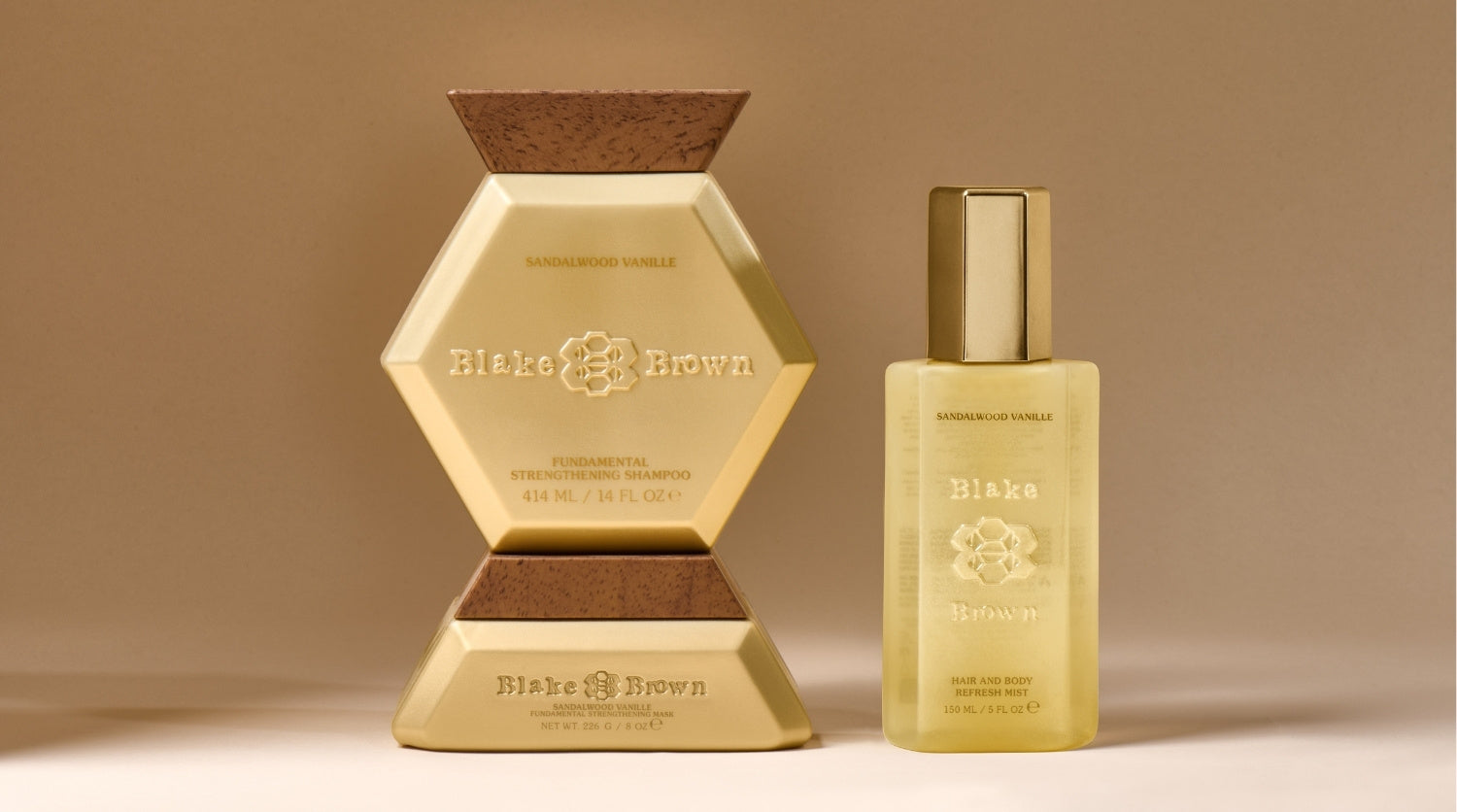 Blake Brown Sandalwood Vanille collection—Fundamental Strengthening Shampoo, Strengthening Mask, and Hair and Body Refresh Mist—styled on a neutral background.
