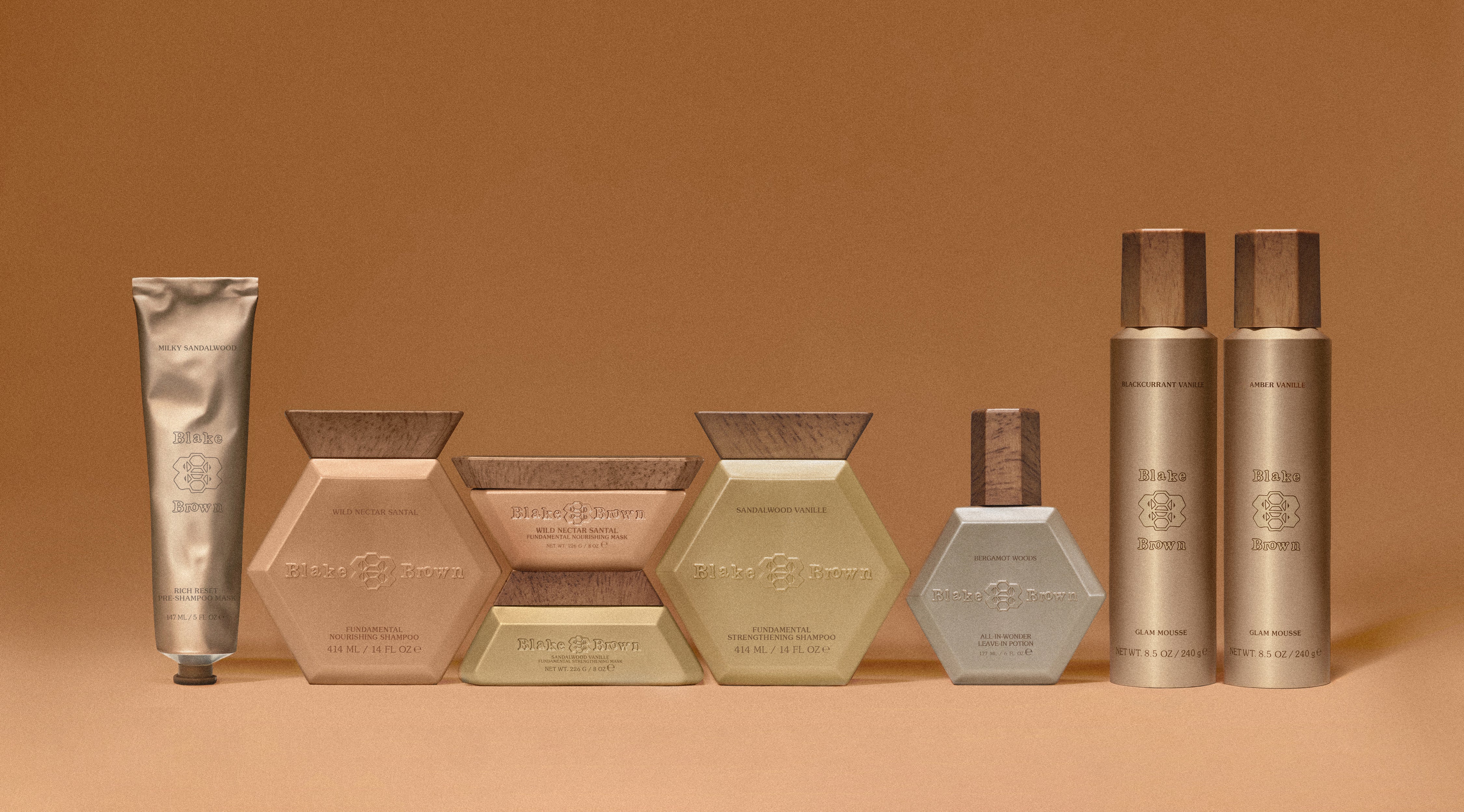 The Complete Blake Brown System by Blake Lively, an eight-piece set featuring Nourishing and Strengthening Shampoos and Hair Masks, the Pre-Shampoo Hair Mask, Leave-In Potion, Glam Mousse, and Dry Shampoo.