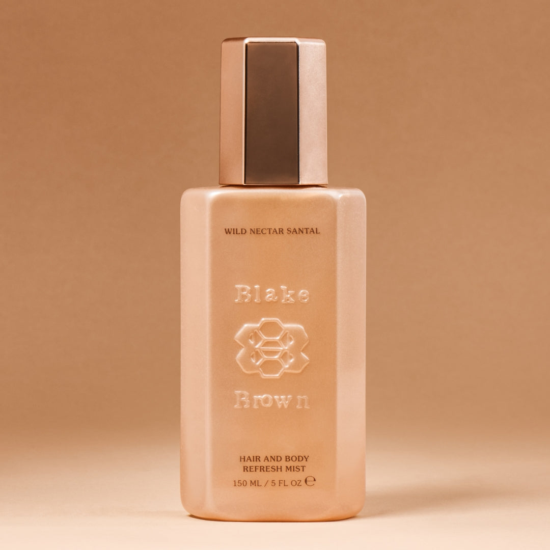 Blake Brown Wild Nectar Santal Hair and Body Refresh Mist against a neutral background.