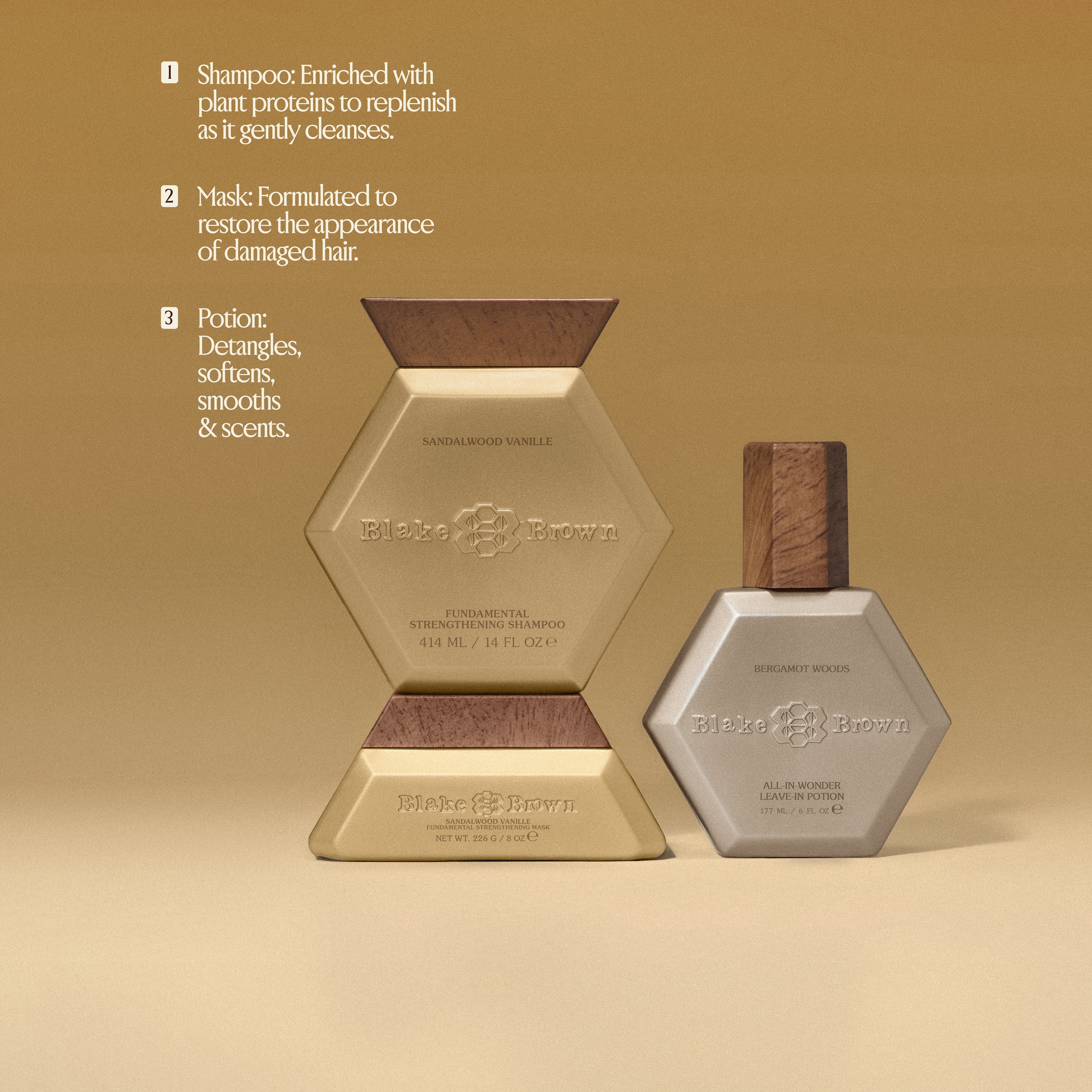 Blake Brown Strengthening Trio by Blake Lively, includes a cleansing shampoo, hair mask, and potion that detangles hair and leaves a beautiful scent.