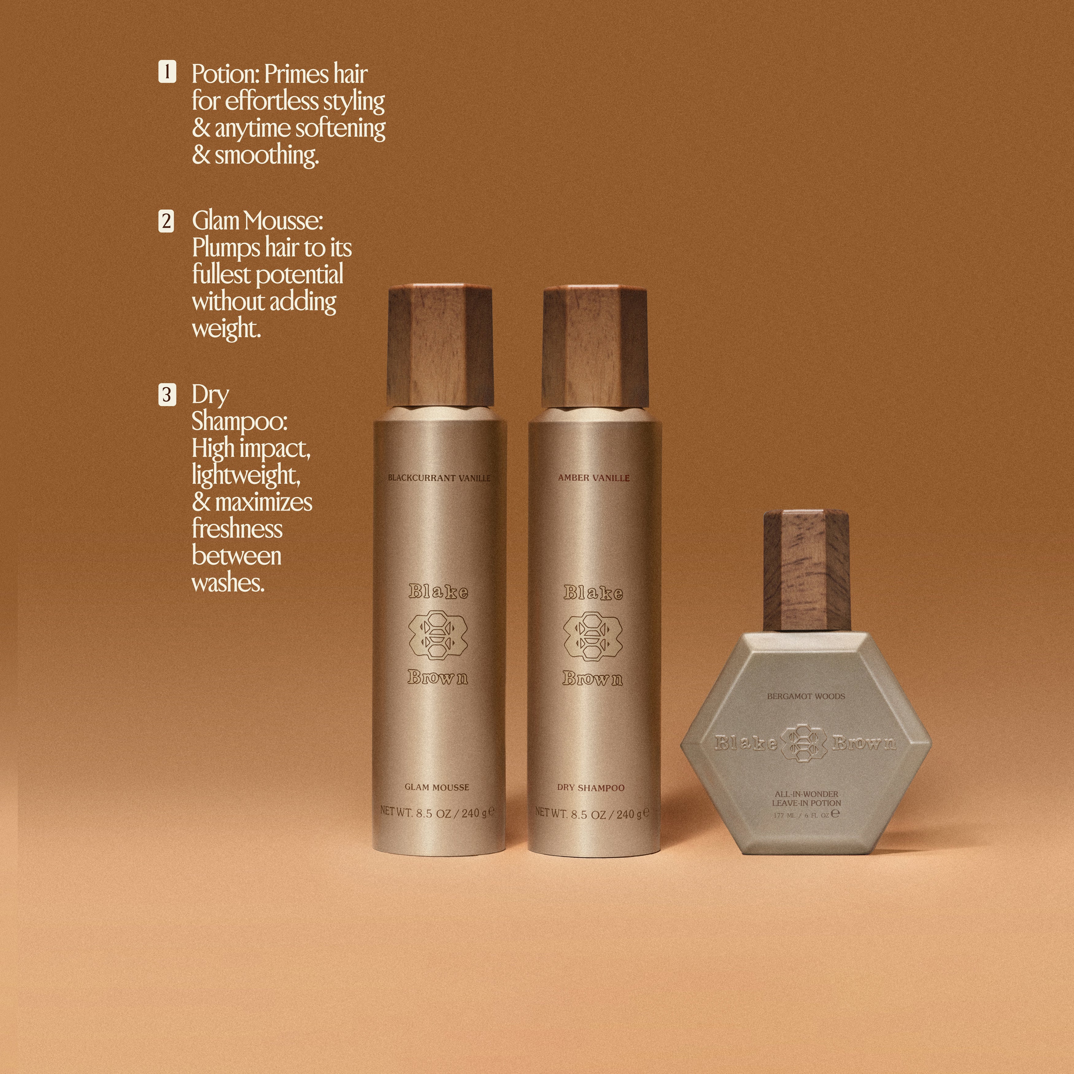 Blake Brown Hair Styling Set by Blake Lively, including the Blackcurrant Vanille Glam Mousse, Amber Vanille Dry Shampoo, and Bergamot Woods Leave-In Potion.